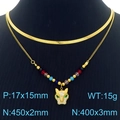Collana a doppio strato dorata con perline colorate e ciondolo a testa di leopardo - Collana a Doppio Strato (KN283358-HM)