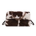 Brown cow pattern plush shoulder bag with chunky chain handle and quilted texture - Brown White Cow Print / Brown
