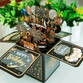 3D Pop-Up Birthday Box in Black and Gold with Multi-Layer Cake and Star Accents - Black Gold Stamped