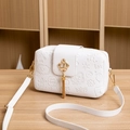 White faux leather crossbody camera bag with cartoon relief and golden crown detail - White