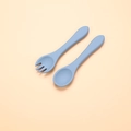 Blue silicone baby feeding spoon and fork set for toddler self-feeding training - Long Handle Fork and Spoon Set / Grey Blue
