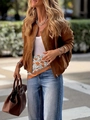 Damen Retro-Kurzjacke aus braunem Wildlederimitat mit blauer High-Waist-Jeans Streetwear - S / Khaki