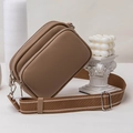 Brown lychee leather crossbody bag with wide striped strap and double zipper compartments - Khaki