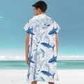 Adult hooded beach poncho with blue shark print on white microfiber quick-dry fabric - Pullover Style - White Shark Group
