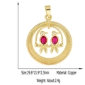 Detailed view of a gold-plated bird pendant with red gemstone settings and size specs - Style 23 (Gold Round Double Bird Red Gem)