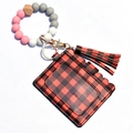Silicone bead keychain bracelet with red buffalo plaid card holder and tassel - Red Grid
