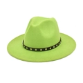 Close-up of neon green fedora hat with silver studded leather belt and wool texture - Fruit Green