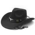 Western black suede cowboy hat featuring a silver bull head buckle and chin cord - M (56-58cm) / Black