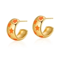18K gold plated C-shaped hoop earrings with vibrant orange enamel star pattern - Orange Star C-Shape (KE0721-1)