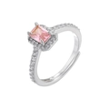 Macro detail of rectangle pink gemstone ring with 4-prong setting and pavé side stones - VJ486 Silver Pink Zircon (Rectangle)
