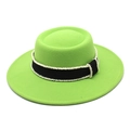 Close-up of wool felt hat with black ribbon and delicate pearl trim detail - Fruit Green