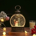 Retro Christmas lantern snow globe with snowman and LED lighting in bronze finish - Flat Round Snowman with Broom (Water-filled) / Water-filled