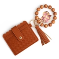 Brown woven texture card holder wallet keychain set with beads and MAMA heart charm - Dark Coffee