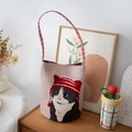 Pink canvas bucket bag featuring a cute cat pattern and red checkered shoulder strap - Grey Cat