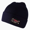 Detail of navy knit beanie with fashion leather patch and silver metal rivets - L (58-60cm) / Navy Blue