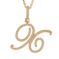 Macro shot of gold-plated cursive letter H pendant with micro-pave cubic zirconia crystals - X (Gold)