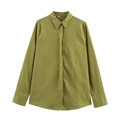 Detailed view of olive green linen shirt featuring a turn-down collar and hidden buttons - XS / Olive Green Top