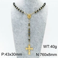 Chapelet de perles noires 8mm avec croix plaquée or 18 carats sur buste gris - Noir