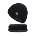 Winter black knit hat and neck warmer set with warm gray faux fur lining and leaf patch - One Size(Adjustable) / Black