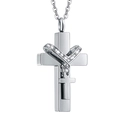 Polished stainless steel double cross pendant necklace with white zircon stones for memorial - O-shape Chain / Silver