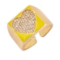 Adjustable gold ring with yellow enamel rectangle face and sparkling cz heart inlay - Yellow - Heart