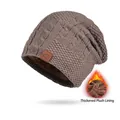 Brown cable knit beanie with thick fleece lining and decorative mountain sport patch - Coffee