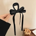 Matte black bow hair claw clip with long ribbon tassels for elegant women's hairstyles - Black