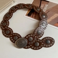 Brown leather modular waist belt with round silver studs and ornate carved metal buckle - 24# Waist Chain - Silver Coffee