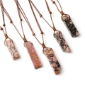 Five handmade woven necklaces with pink and black irregular rectangular natural stone pendants - Rhodonite