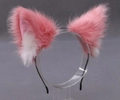 Handmade Lolita cosplay cat ears headband in pink and white faux fur on display - Watermelon Red and White