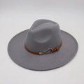 Detail of dark grey wool felt fedora hat featuring brown leather band and gold buckle accent - Light Grey (Heart Buckle)