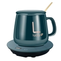 Dark green ceramic mug and heater set with LED temperature display and lucky lettering - Round Set (Digital Display/USB) / Dark Green