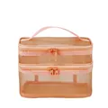 Orange-pink double-layer mesh toiletry bag with zipper and portable handle - Double Layer / Orange