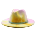 Regenboog tie-dye wollen fedora hoed met groene leren band en gouden metalen gesp - M (56-58cm) / Roze Tie Dye