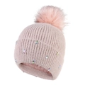 Pink knit winter hat with rhinestones, fleece lining, and fluffy faux fur pom-pom - Adjustable / Pink