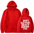 Front and back view of red oversized hoodie featuring Don't Trip letter print - S / Red
