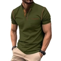Men's olive green short sleeve Henley Polo shirt with contrast trim and chest pocket - Army Green