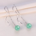 Elegant S925 silver threader earrings with natural green aventurine round stone beads - 925 Silver / Aventurine Jade Spiral Ear Threader (White Gold Color)