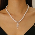 Pearl necklace featuring a pink enamel jellyfish pendant with sparkling rhinestones - Pink Jellyfish (A-968)