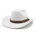 Classic white wool fedora hat with brown leather band shown from a side view - M (56-58cm) / White