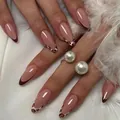 24pcs almond press-on nails with nude base, brown French tips and leopard art - Bz1560: Elegant And Refined / Glue Type