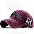 Distressed burgundy washed denim baseball cap with 3D embroidery and vintage ripped details - Adjustable / Burgundy