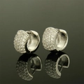 Elegant silver hoop earrings with full pave cubic zirconia on a reflective black background - Silver / White Zirconia