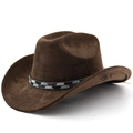 Brown faux suede cowboy hat with ethnic beaded band and upturned brim for travel - Coffee