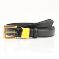 Classic black leather belt with golden vintage square buckle and neat stitching details - Black