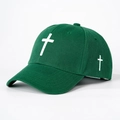 Detailed embroidery of a white cross on a dark green cotton baseball cap fabric - White Embroidered Cross / Dark Green