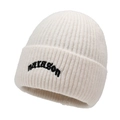 Knitted beanie hat in creamy white with black paragon embroidery and ribbed texture - Light Beige