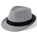 Detail view of the woven texture and black ribbon on a classic grey Fedora hat for men - Light Gray
