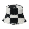 Classic black and white checkered plush bucket hat with warm faux fur texture for winter - 58cm / Black