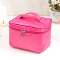 Large capacity satin makeup bag in rose red with floral pattern and double zippers - Rose Red Rose